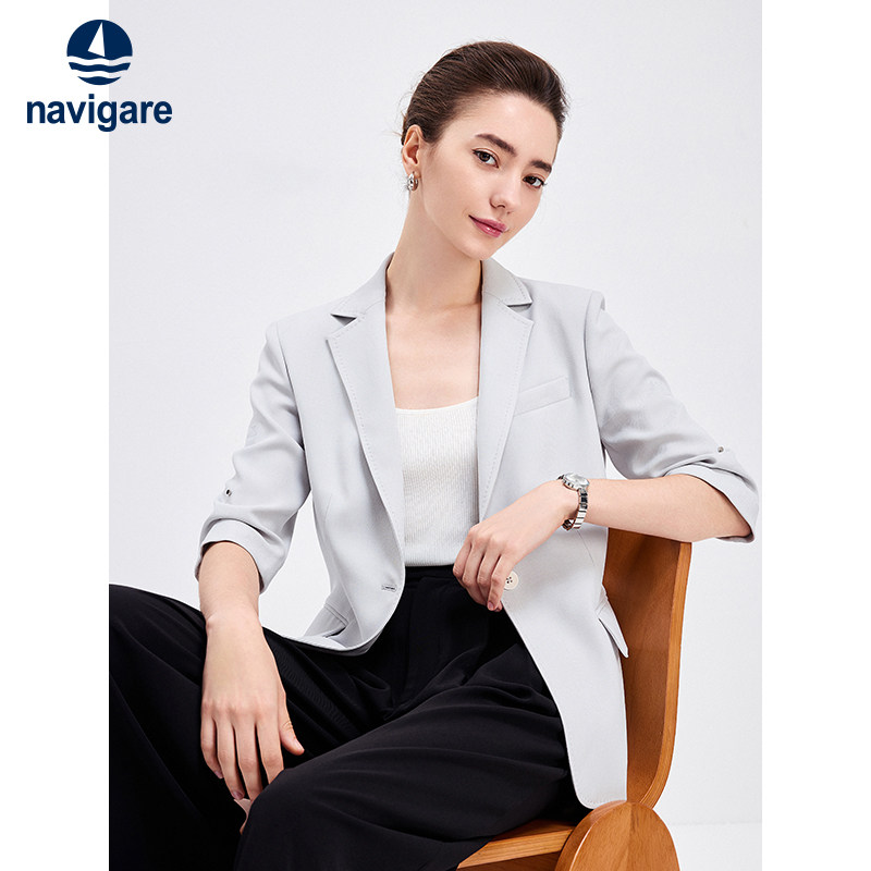Navigare意大利小帆船灰色五分袖西装外套女春季西服休闲便西