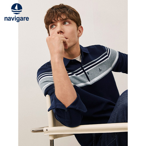 Navigare纯棉条纹男Polo衫
