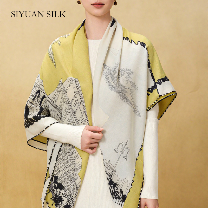 2025新款女丝巾丝毛围巾披肩时尚百搭大气丝巾人字纹绵羊毛桑蚕丝