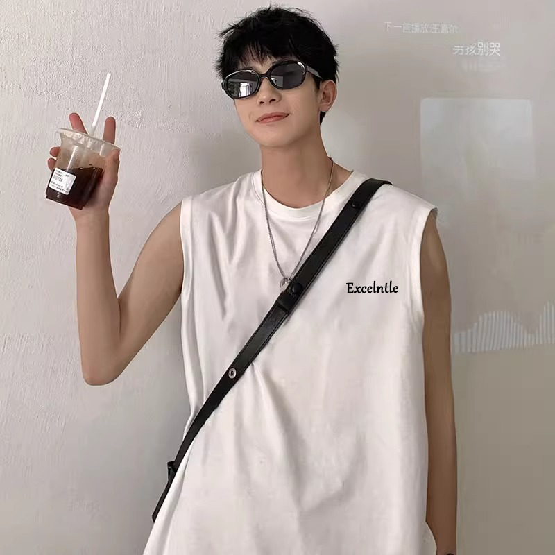 美式复古白色运动背心男生夏季宽松大码坎肩潮牌字母印花无袖T恤