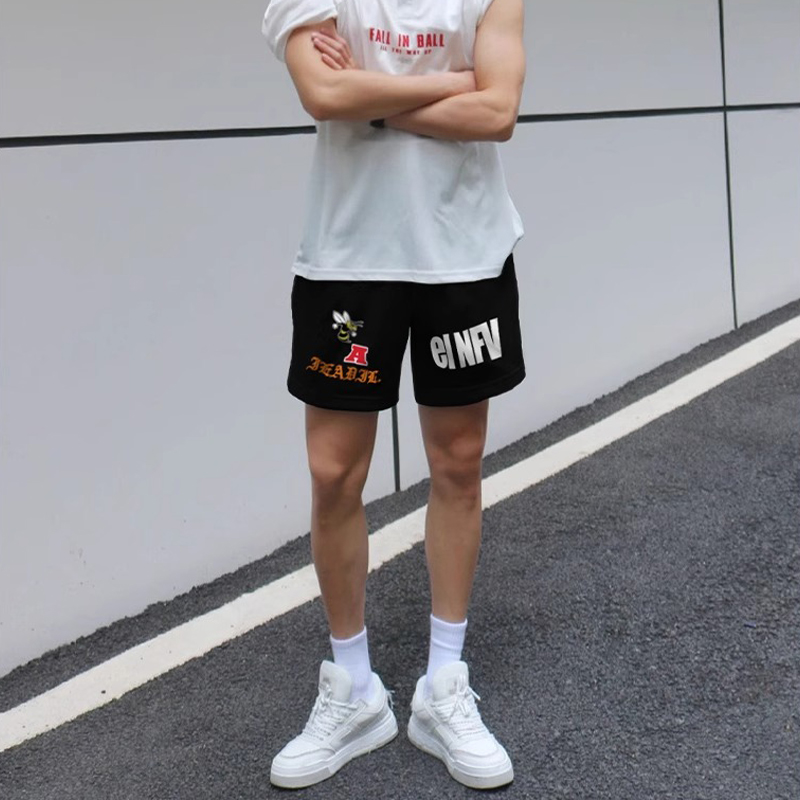 国潮牌简约百搭休闲运动短裤男字母印花港风夏季宽松抽绳五分裤子