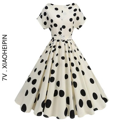 赫本风黑白波点经典优雅气质收腰垂感大摆高级短袖系带度假连衣裙