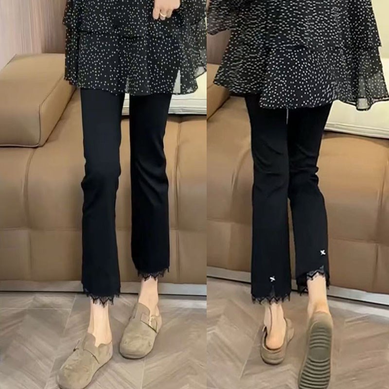 大码裤子女2025新款胖mm高腰弹力显瘦黑色九分蕾丝休闲裤女夏薄款