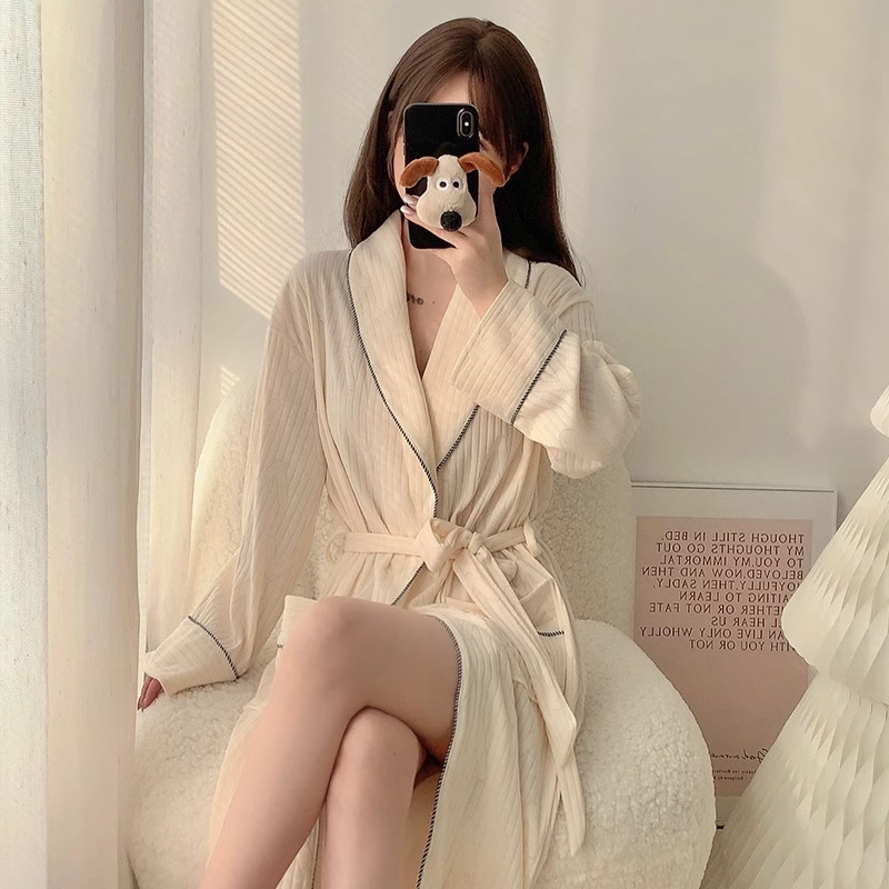 女士春秋季家居服睡裙中长款棉质吸水速干系带宽松透气舒适睡袍