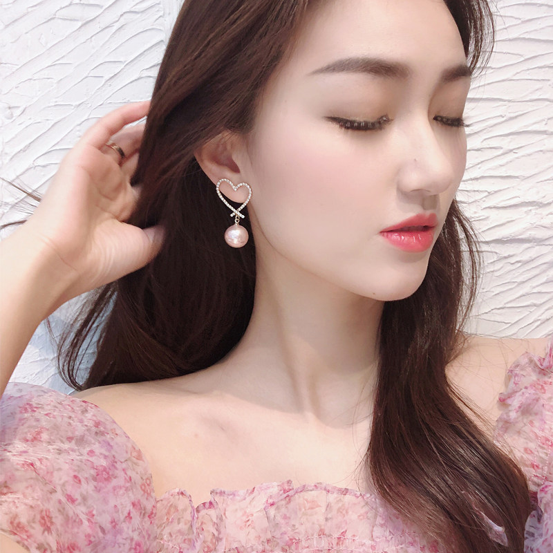 珍珠耳饰女圆脸显瘦高级感耳环网红粉色爱心长耳坠仙气森系超仙女
