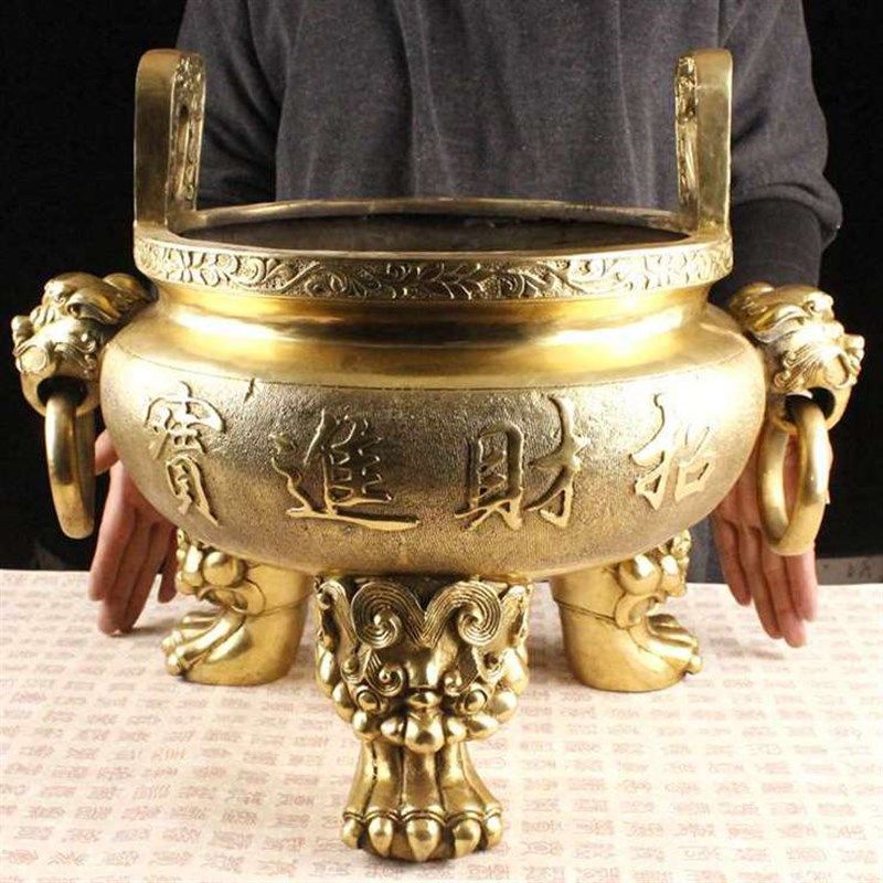 大号香炉口径30cm纯黄铜香插佛K具用品香薰品财神香炉