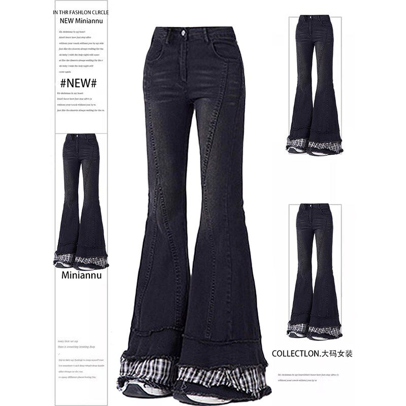 胖mm大码高街辣妹微喇牛仔裤女设计感毛边女裤复古显瘦黑色喇叭裤