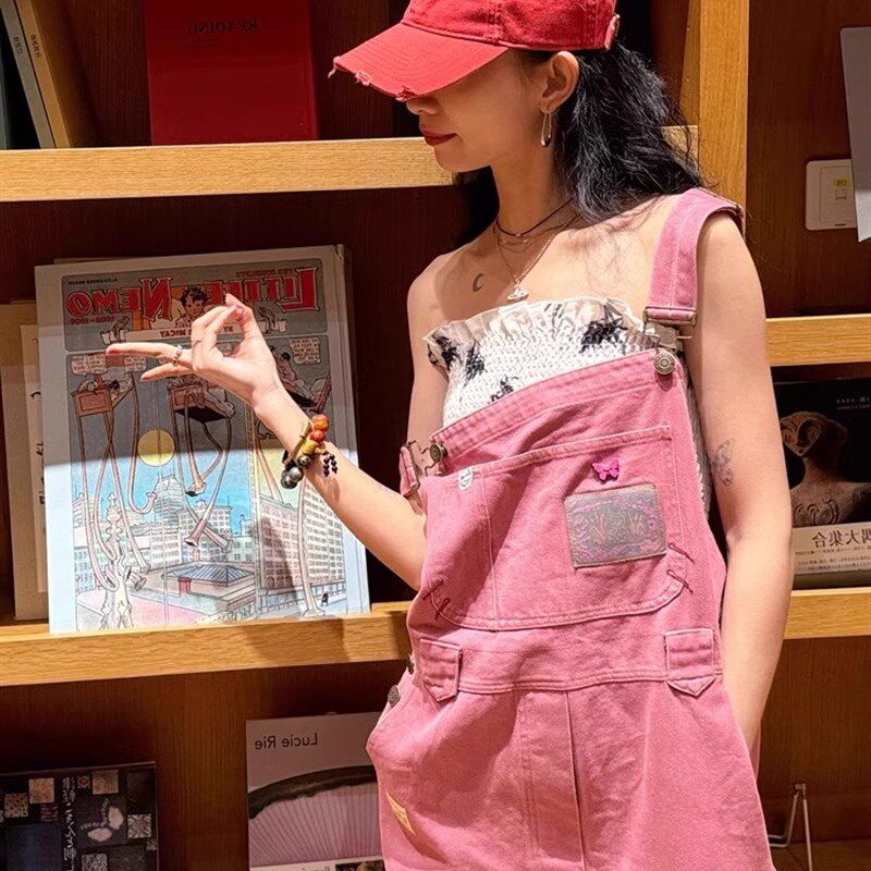 粉色牛仔背带裤女秋季新款复古宽松减龄百搭休闲显瘦阔腿连体长裤