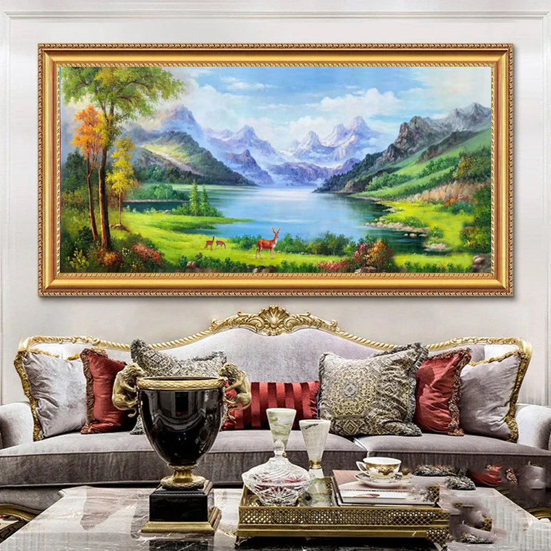 纯手绘欧式沙发背景墙装t饰画玄关壁画书房风水风景靠山客厅油画