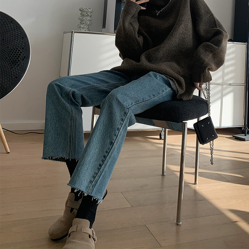 复古毛边牛仔裤女秋季新款胖妹妹mm梨形身材宽松显瘦直筒九分裤子