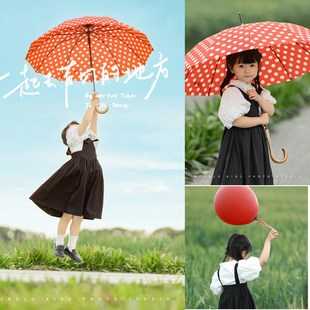 2024新款儿童外景拍照道具红色波点伞18寸红气球女孩写真拍摄用品