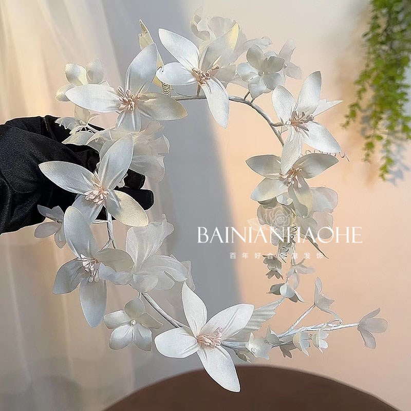 新款森系手工白色绢纱烫花头饰新娘边夹婚礼摄影跟妆造型头花配饰