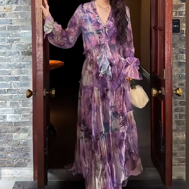 三吉黑花【九重春】国风植绒连衣裙子女夏2025新款今年流行长裙潮