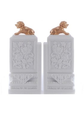 新中式样板间玄关手工雕刻对狮书档书靠家居装饰书房书架桌面摆件