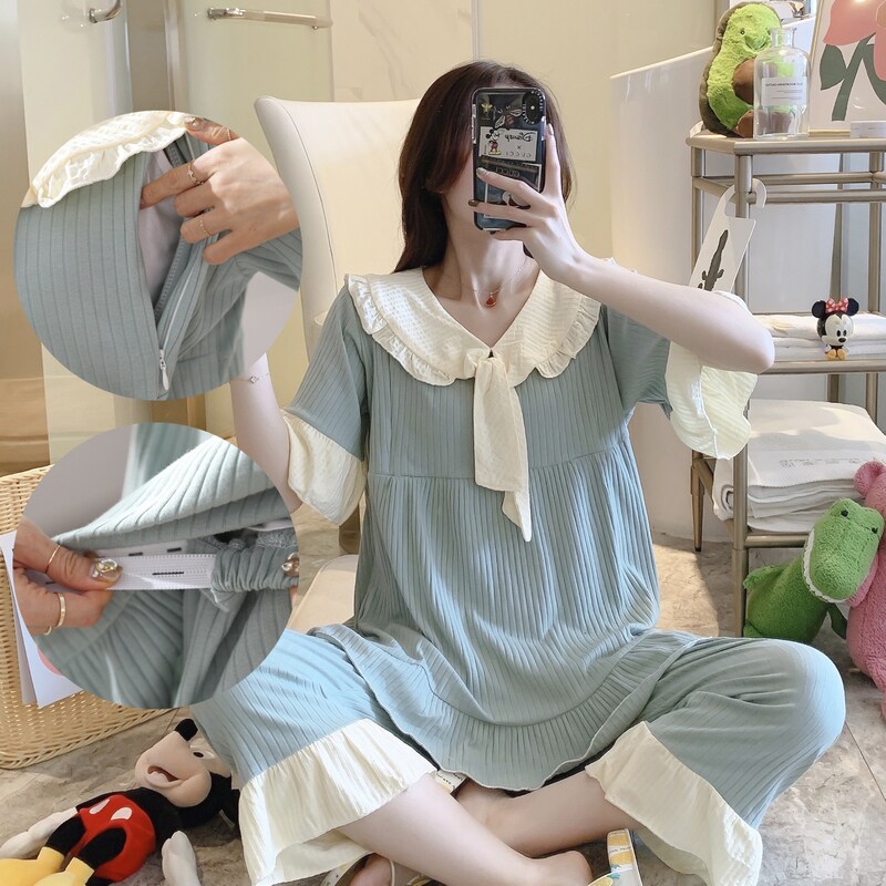 纯棉月子a服夏季半袖七分裤孕妇装怀孕期宽松产后喂奶哺乳睡衣外