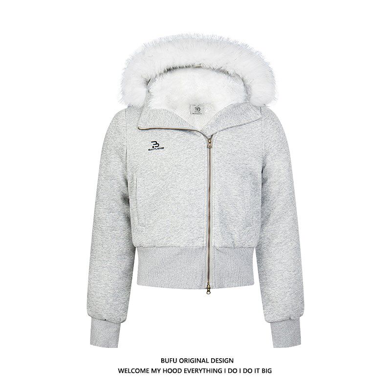 亿万少年BUFU美式辣妹毛领加绒短款连帽加厚卫衣修身显瘦外套女装