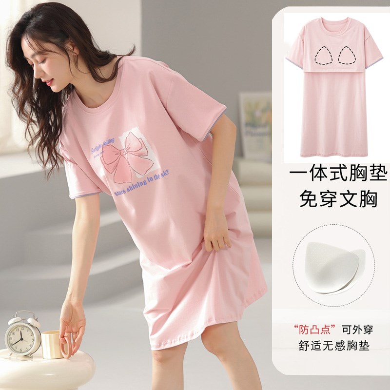 带胸垫睡裙女夏季纯棉短袖睡衣裙子夏天薄款全棉妈妈家居服可外穿