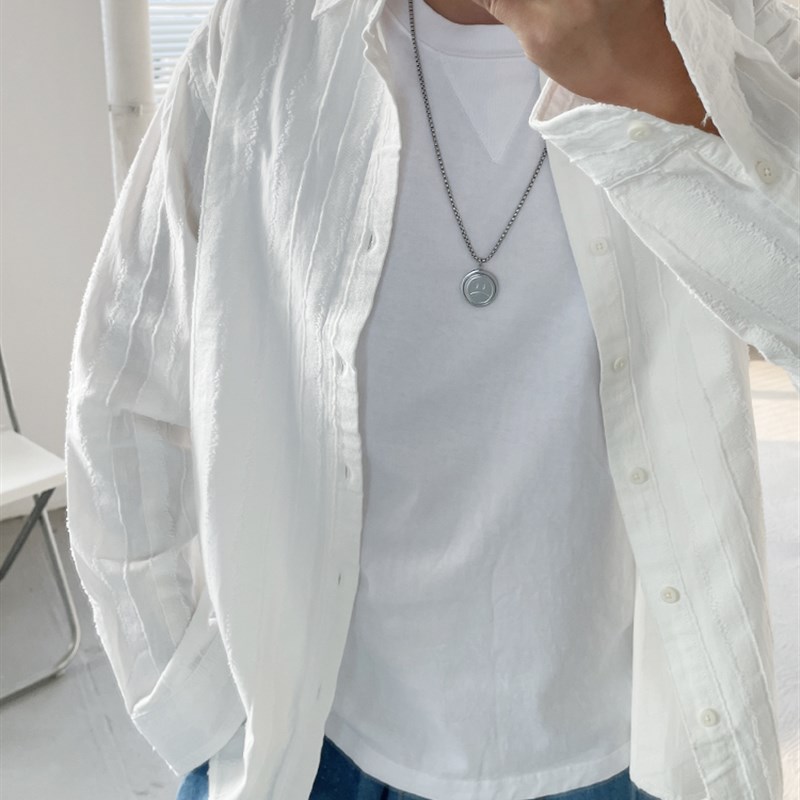 提花很美 日系小清新 100%棉宽松休闲白色长袖衬衫男流苏边衬衣潮