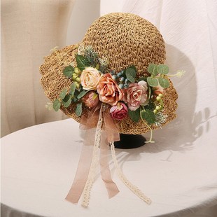 手工蕾丝花朵编织草帽女夏天小清新文艺出游度假拍昭沙滩帽可折叠