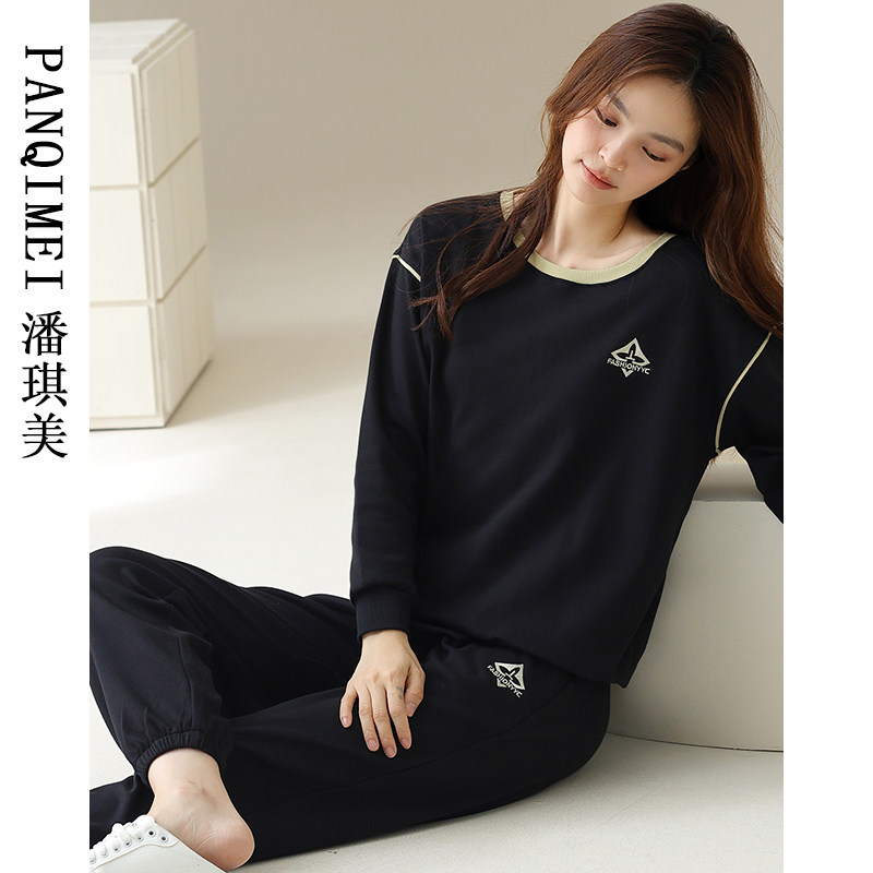 春秋季睡衣女款长袖纯棉2024新款可外穿家居服秋款黑色运动家居服