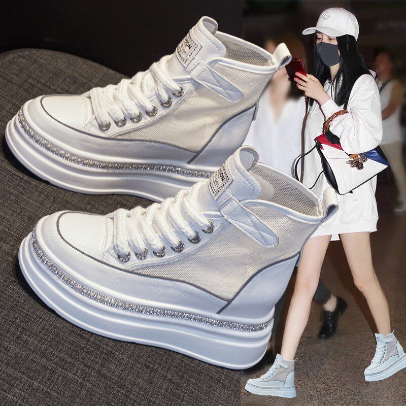 网面透气高帮网鞋女款鞋子2024夏季新款厚底P松糕内增高休闲小白