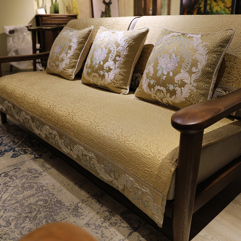 新中式沙发垫现代四季通用防滑实木布艺坐垫子客厅沙发套罩笠定做
