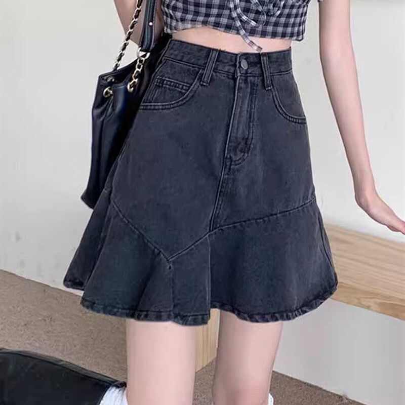 大码鱼尾a字半身裙梨型身材女高腰胖mm显瘦遮胯遮肚子牛仔短裙夏