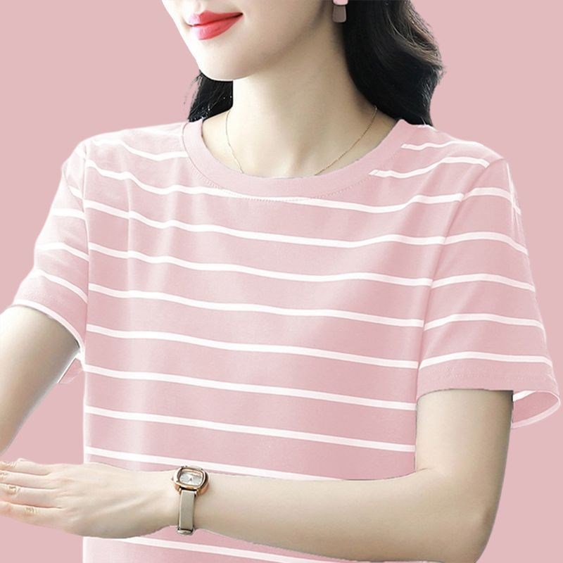 女士t恤短袖2025夏装新款纯棉条纹圆领半袖中年妈妈宽松大码上衣