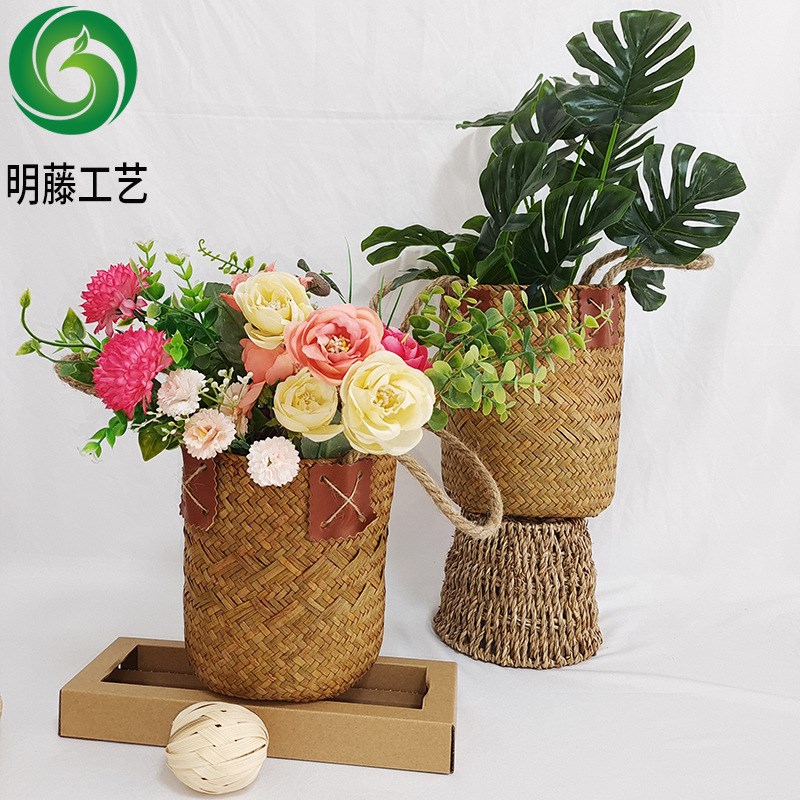 源头厂家海草花篮草编手提花盆花桶摆件O藤编编织篮子花盆花器