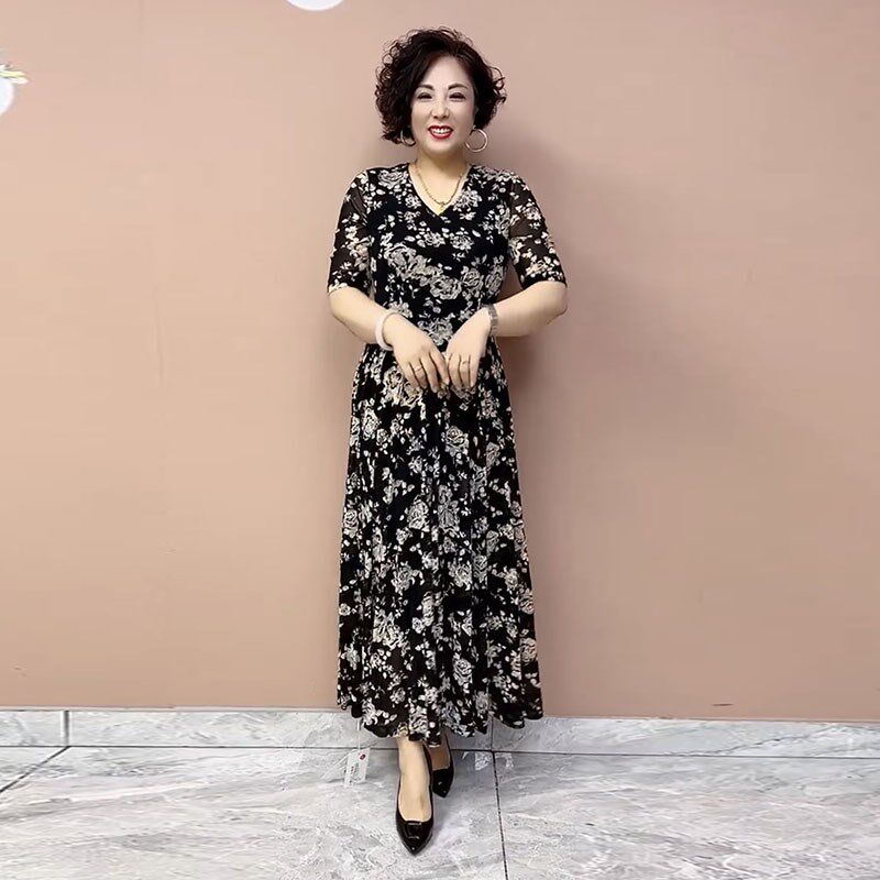 气质妈妈连衣裙夏季新款短袖高弹台湾纱大码修身显瘦长裙40-50岁