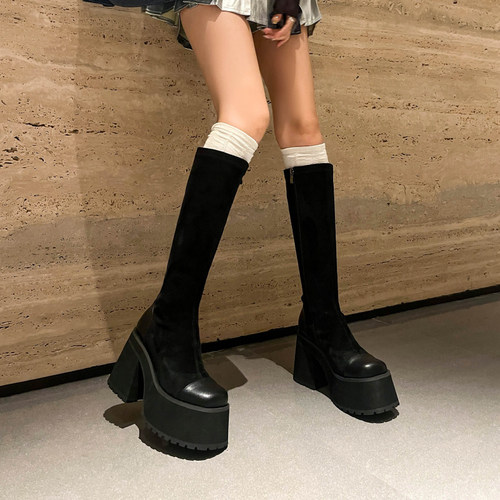 超高跟厚底弹f力靴女2023新款春秋小个子增高高筒靴防水台瘦瘦袜