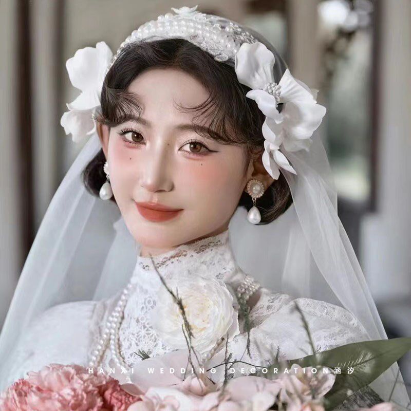 涵汐法式复古民国风手工珍珠花朵头纱新娘造型浪漫婚纱影楼配饰品
