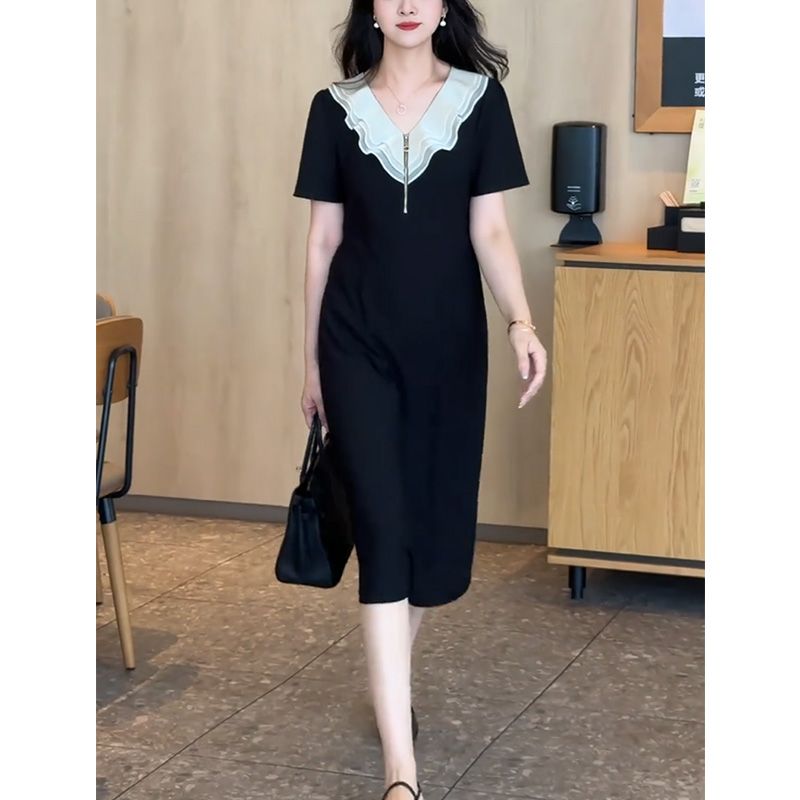 时尚设计感荷叶边拼色短袖连衣裙女2025夏季新款显瘦中长A字裙子