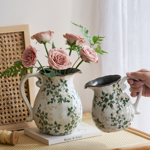 美式乡村冰裂奶壶陶瓷花瓶田园风水养插花摆件装饰品复古创意手提