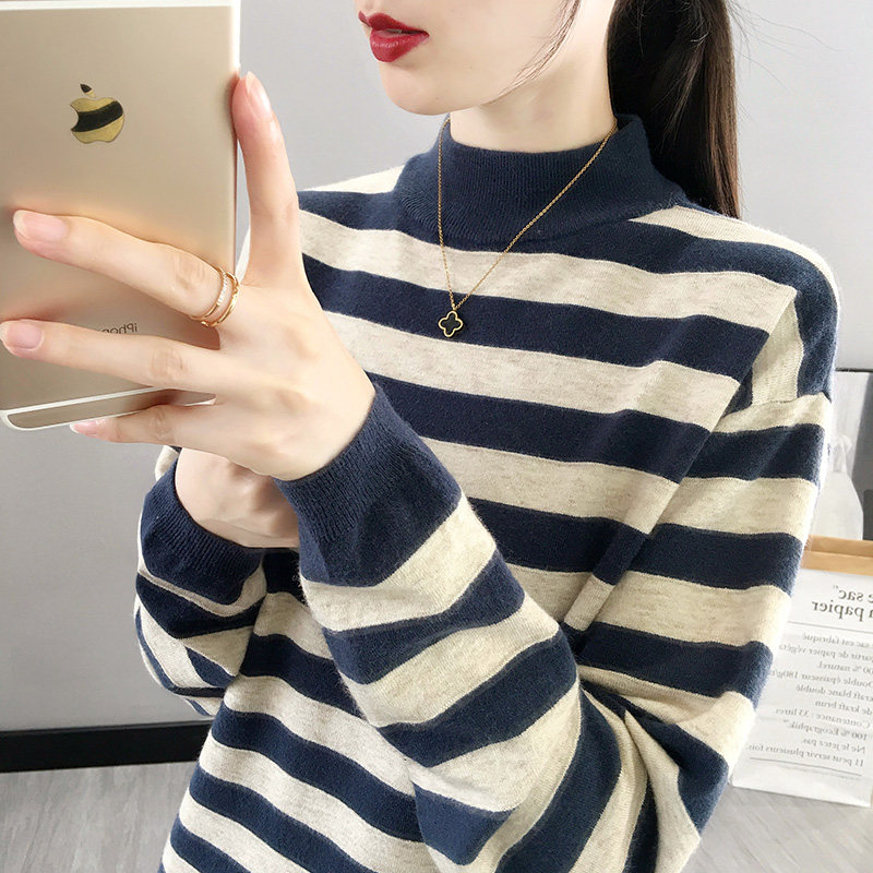 半高领毛衣女2021年秋冬新款韩版宽松洋气百搭条纹针织衫套头打底