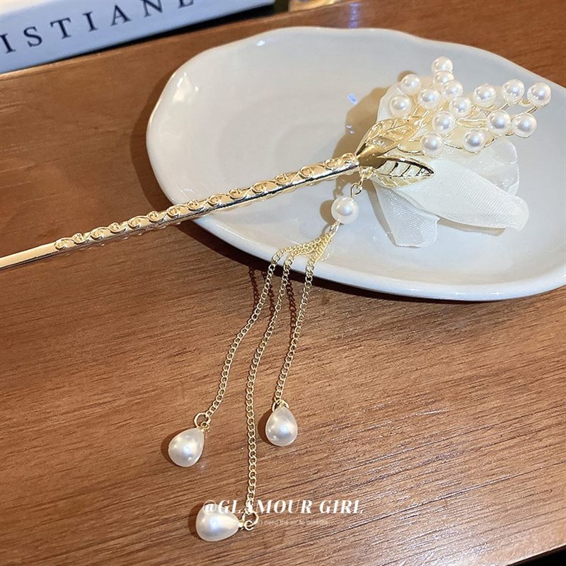 布艺花朵珍珠流苏发簪新中式步摇簪H子超仙汉服头饰现代发饰女