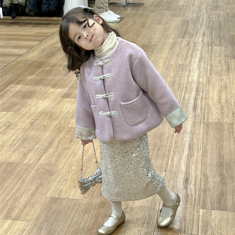 女童毛呢外套小女孩冬装新中式新款洋派儿童套装女宝宝国风呢子大