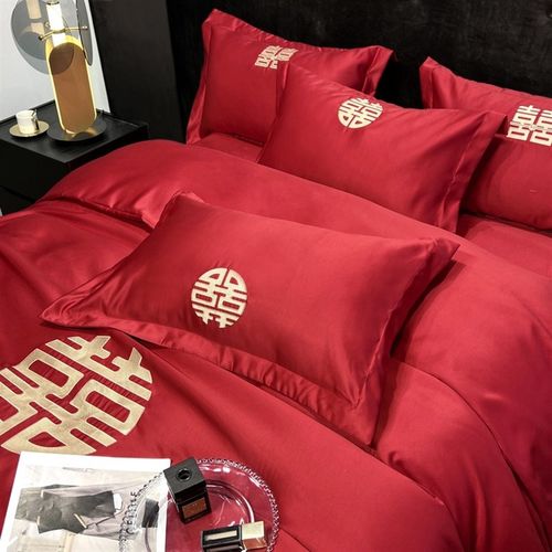 大红色水洗棉磨毛结婚床t上四件套新婚庆床品床单婚礼嫁喜被套床