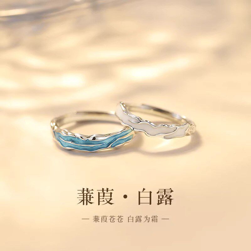 蒹葭情侣对戒纯银戒指小众设计男女款指环一对生日礼物送女友
