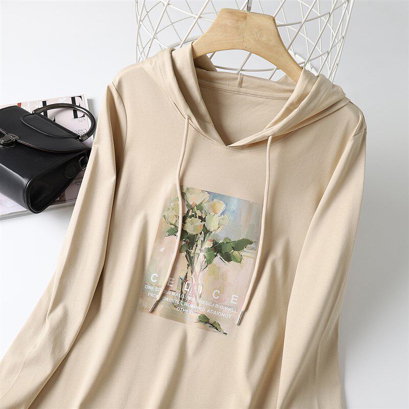 春秋薄款纯棉连帽卫衣女2024新款时尚修身印花短款帽衫长袖上衣女