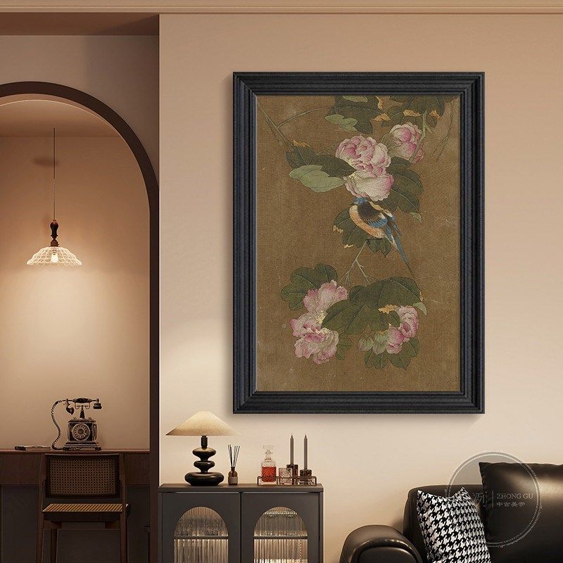 宋代美学复古花鸟图入户玄关装饰画中古侘寂风挂画客厅纯手绘油画