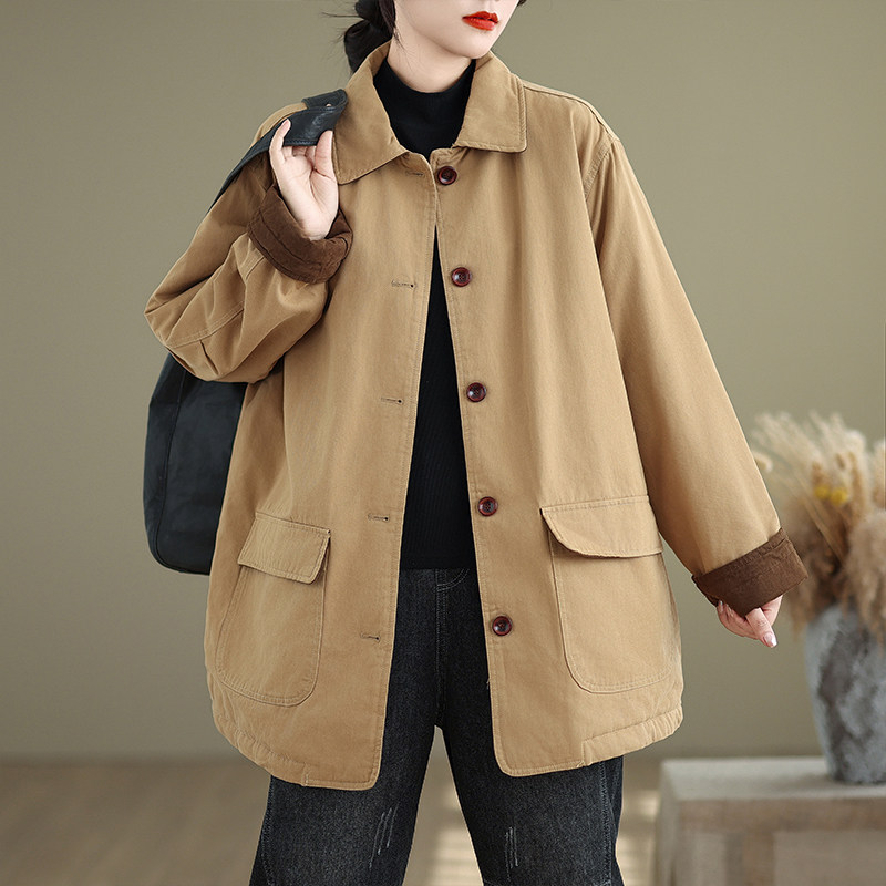 冬装纯棉中长款夹棉工装外套女式加厚上衣2024复古翻领棉衣服