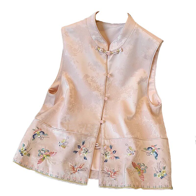 大码胖MM新中式国风立领盘扣显瘦叠穿马甲背心提花刺绣坎肩上衣女