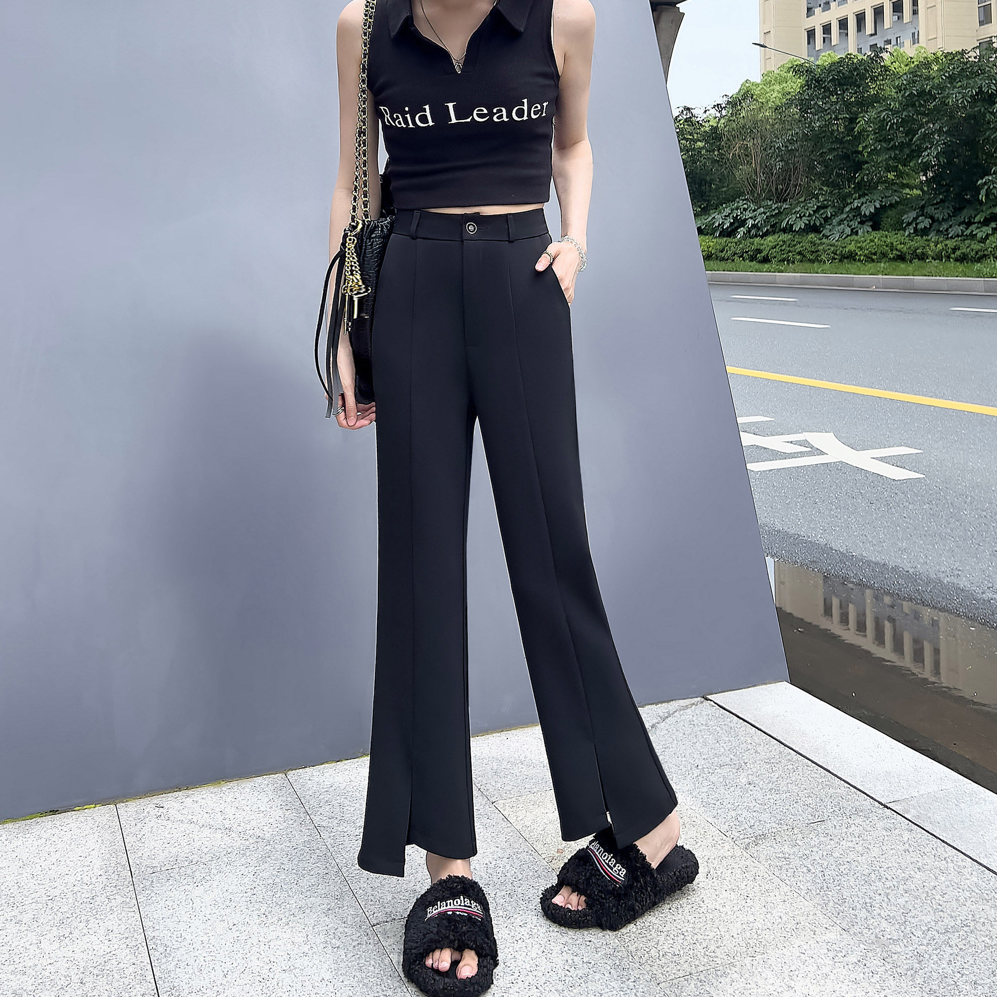 不规则开叉西装裤女2024夏季薄款九分裤子高腰垂感显瘦阔腿微喇裤