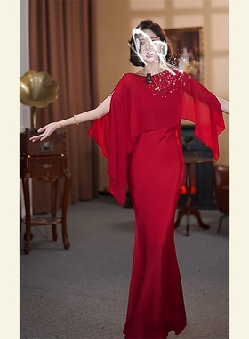 2025春季超火气质红色网纱披肩连衣裙上流社会出席重要场合套装裙