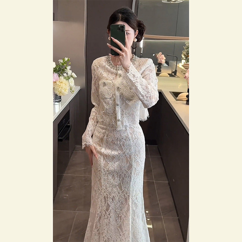 开春气质穿搭高端精致轻奢高级感上流社会小香风蕾丝连衣裙套装女
