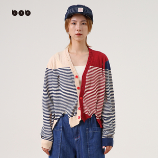 新品 白目自拼色条纹外套女2024春装 原创设计叠穿开衫 商场同款