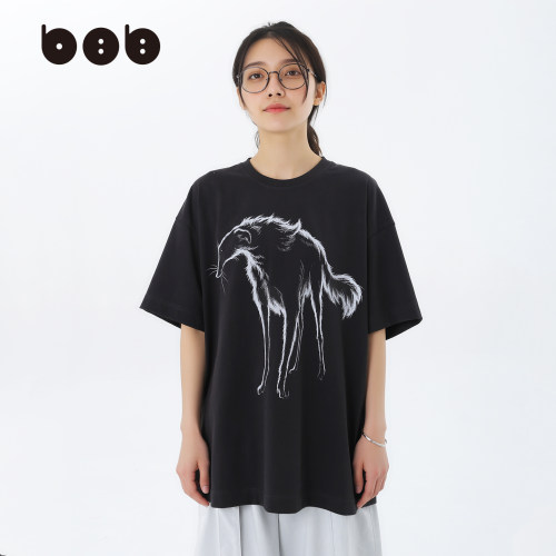 白目自复古灵缇犬印花短袖T恤女