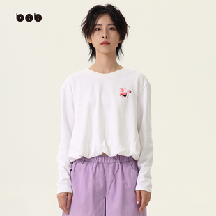 短款 白目自长袖 纯棉白色t恤 女2024春装 套头衫 新品 商场同款