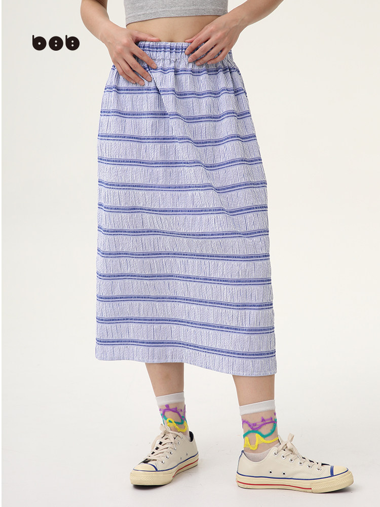 白目自女装2024夏季新款[表情系列]紫色条纹半身裙女原创设计中裙